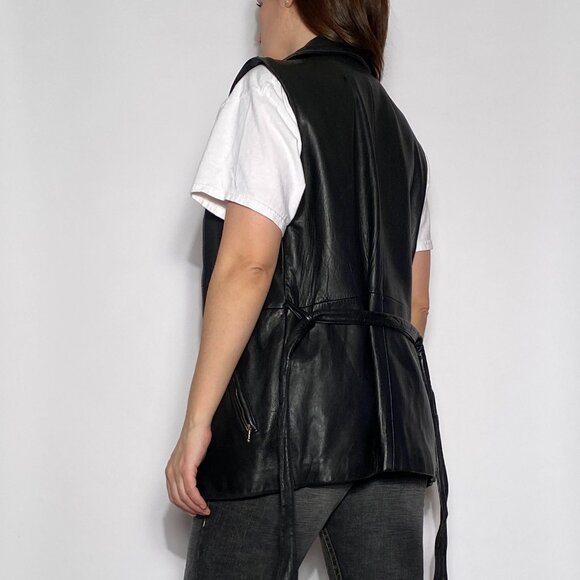 Vintage 1990s REAL LEATHER Long Tunic Motorcycle Biker Zip Up Vest! Medium - Picture 2 of 8